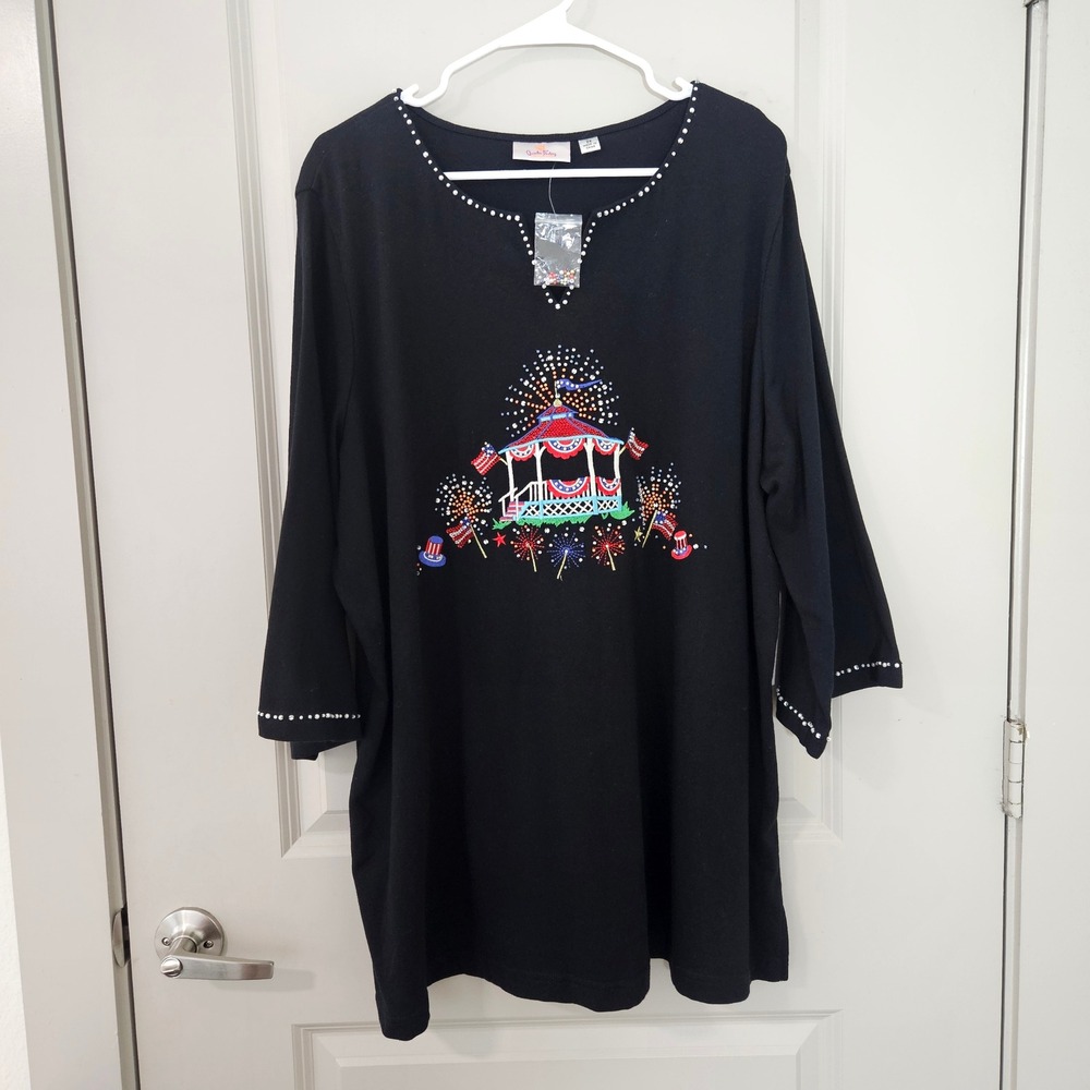 Quacker Factory Black Patriotic Gazebo Fireworks Embroidered Top 2X
